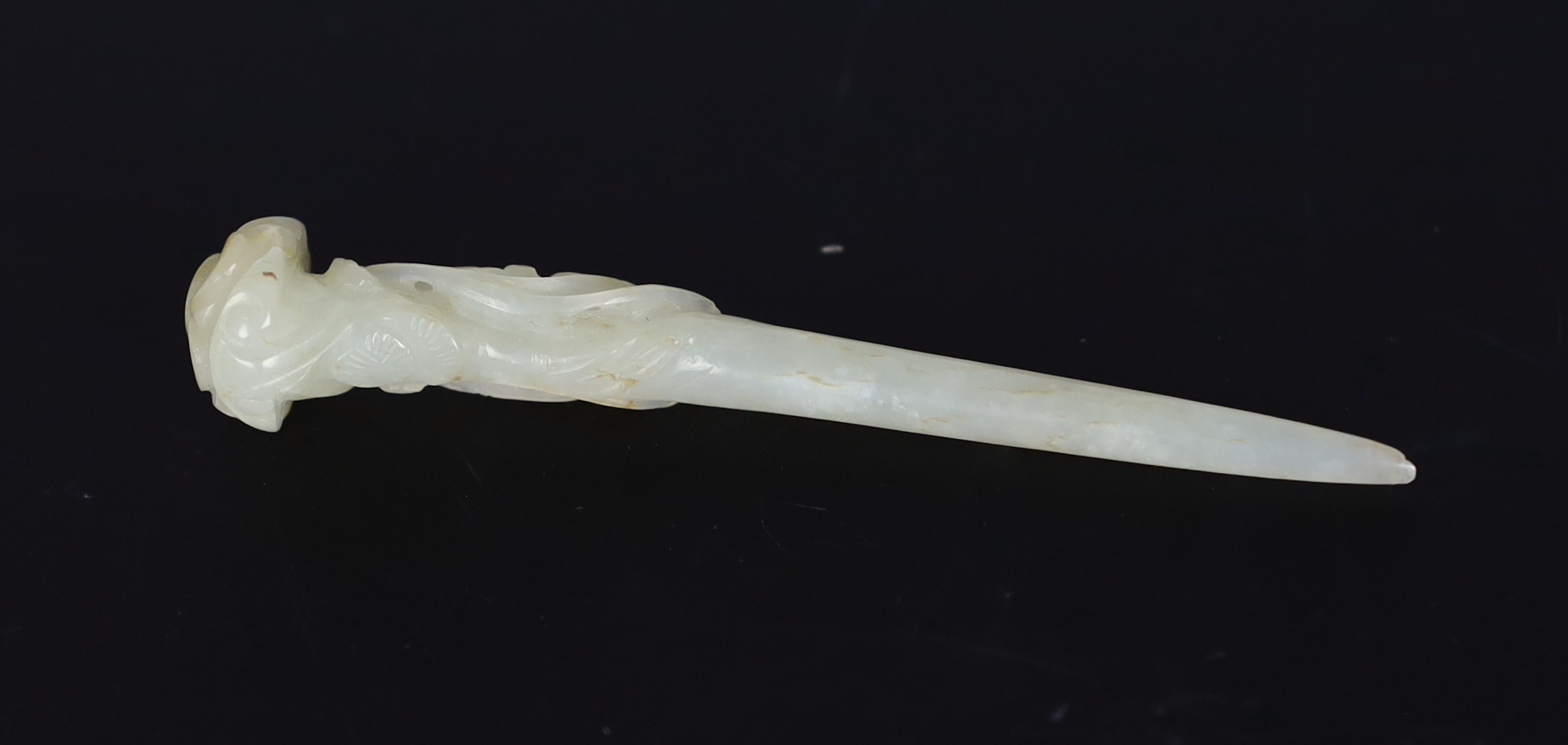 A Chinese pale celadon jade hair pin, Qing dynasty, probably shortened, Please note this lot attracts an additional import tax of 5% on the hammer price